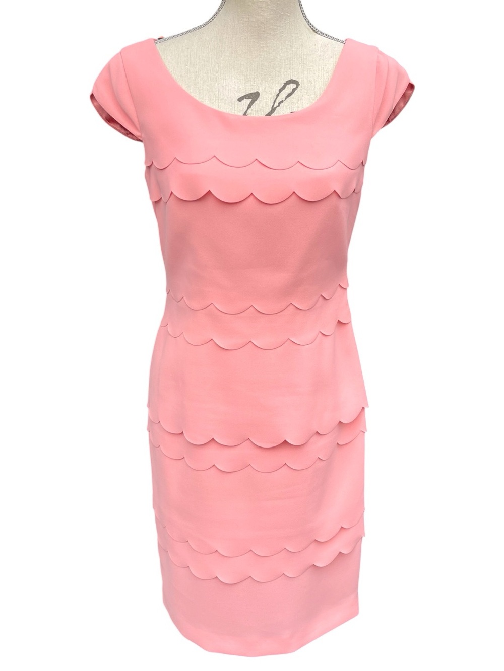 Jacques Vert Petal Pink Scoop Neck Cap Sleeve Scalloped Shift Dress (6P)